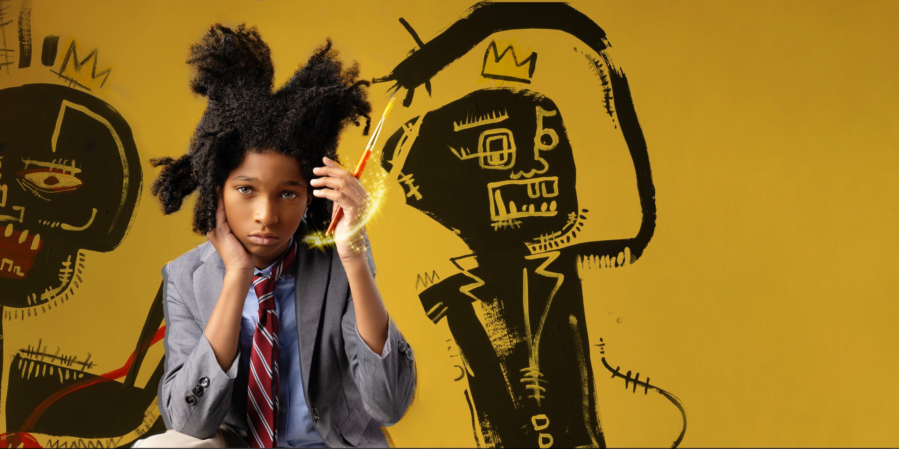 Child styled as Basquiat in front of his artwork
