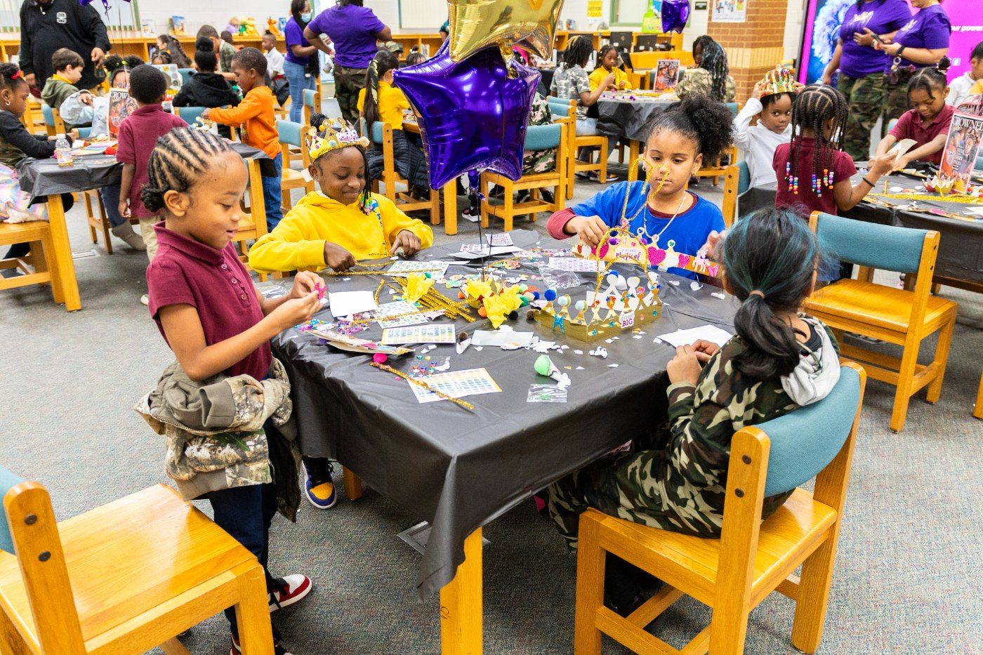 Students making crowns at Thurgood Marshall Elementary