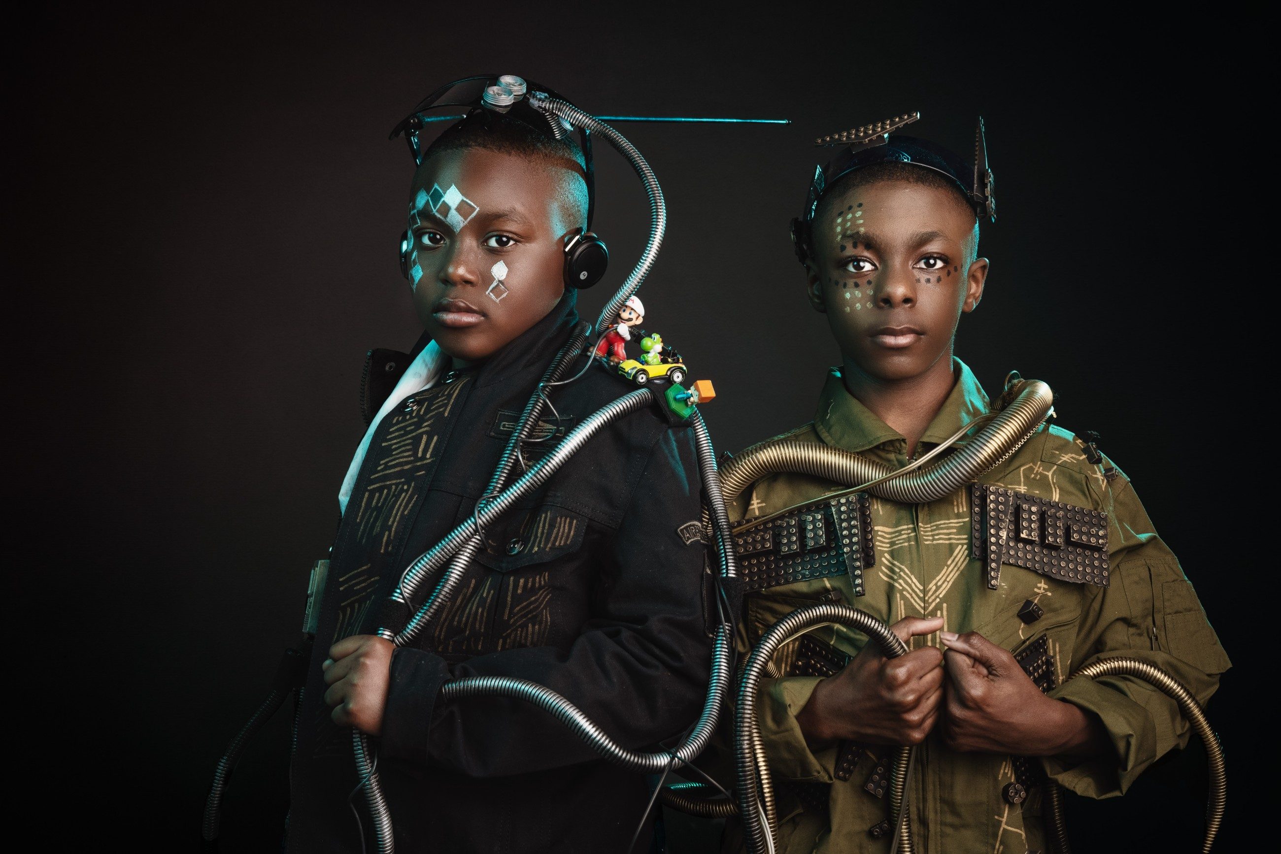 Two brothers in Afrofuturist styling, sibling portrait by CreativeSoul Photography, Atlanta