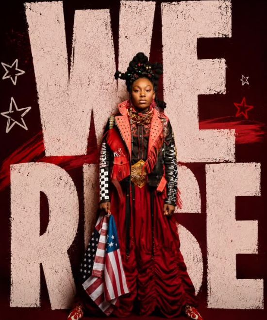WE RISE portrait in red with the American flag