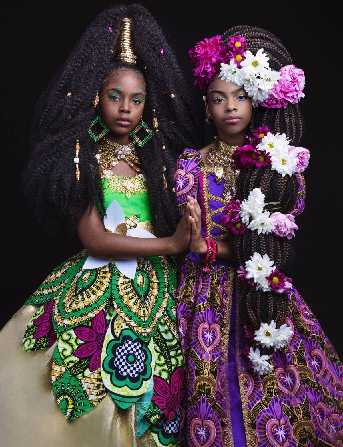 Framed fine-art print of two young models in Ankara ballgowns