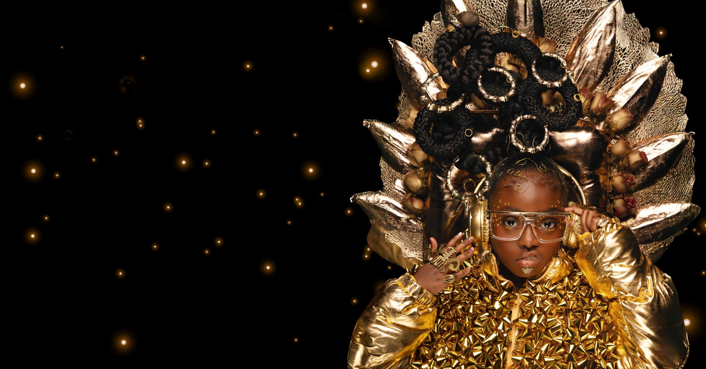 Five Golden Rings: girl in a golden braided crown and gold headphones