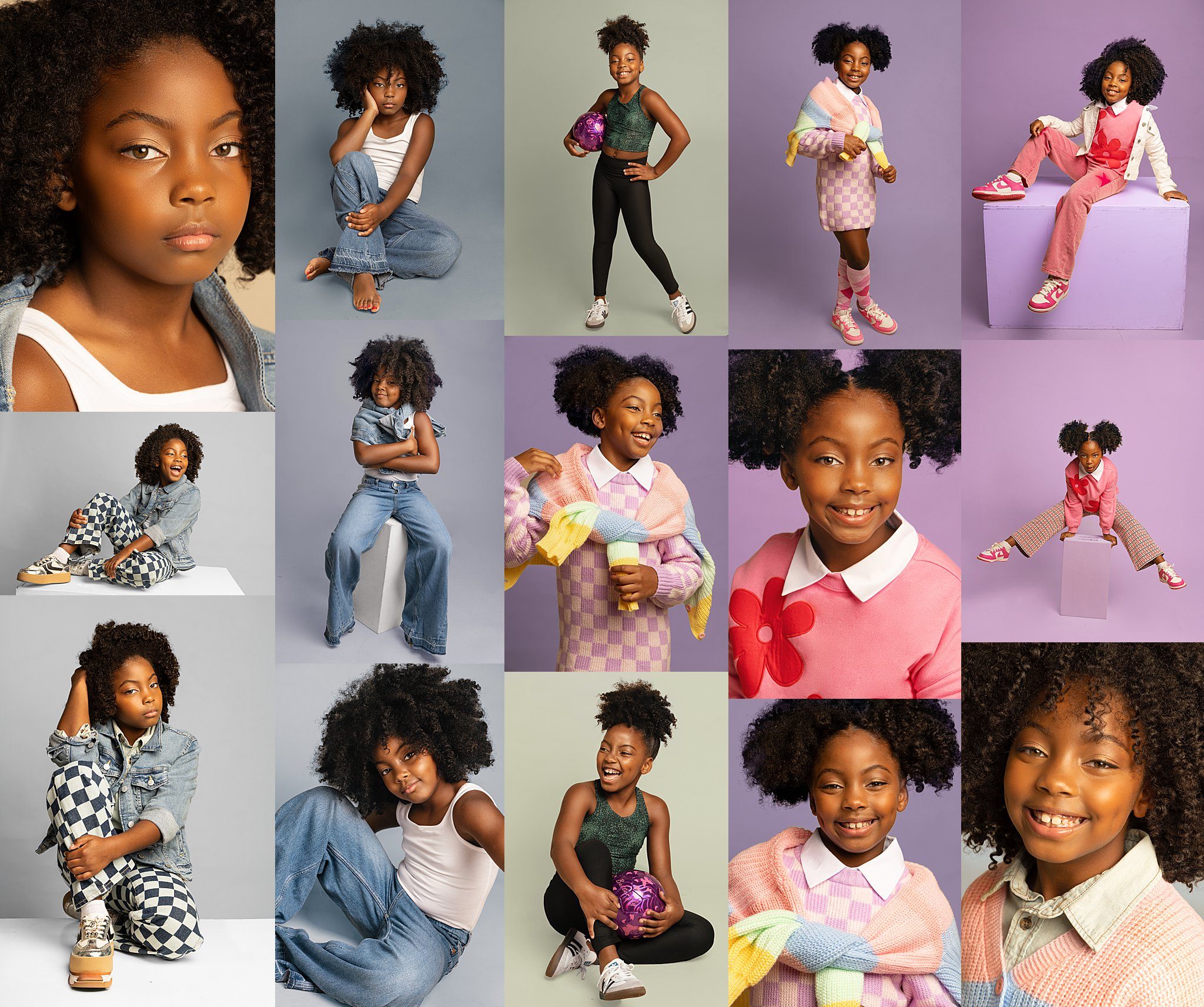 Grid of looks from one full portfolio session, from casual denim to studio color