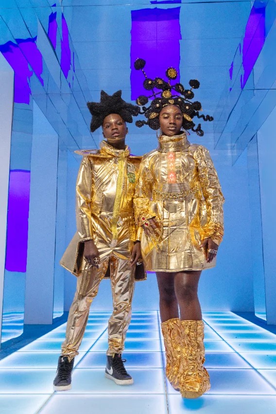 Two children in custom gold metallic outfits, CreativeSoul custom session